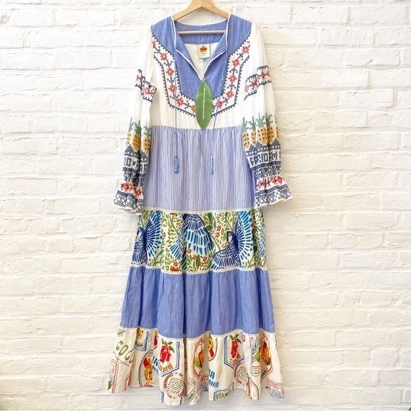 Farm Rio || Pineapple Beach Embroidered Maxi Dress Tiered A-Line‎ Small NWT - Picture 2 of 11